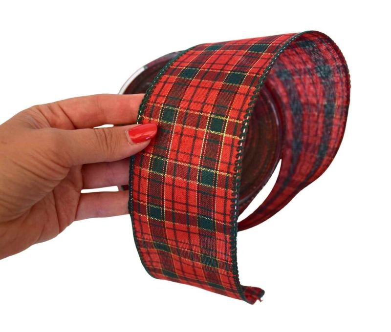 Ruban de Noël tartan écossais rouge vert doré bordures vertes largeur 7cm 9m