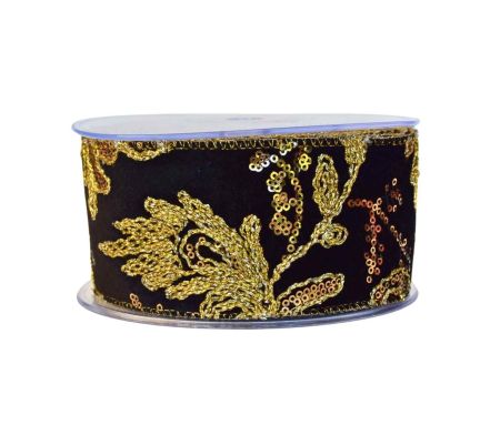 Ruban de Noël noir brodé doré H 7cm x 4,5m