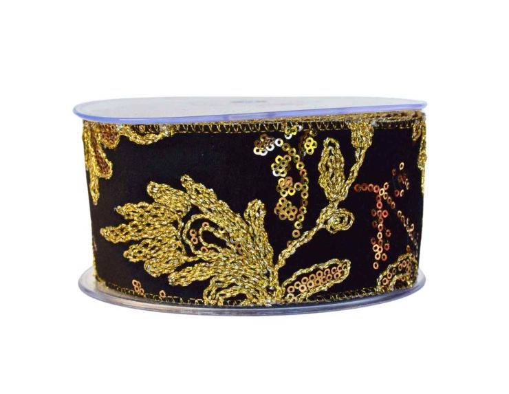 Ruban de Noël noir brodé doré H 7cm x 4,5m