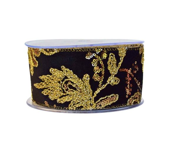 Ruban de Noël noir brodé doré H 7cm x 4,5m
