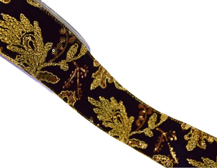 Ruban de Noël noir brodé doré H 7cm x 4,5m