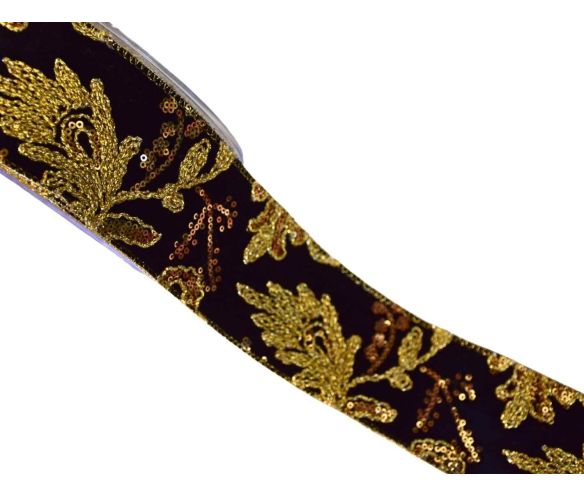 Ruban de Noël velours noir broderie florale dorée sequins largeur 7cm 4,5m