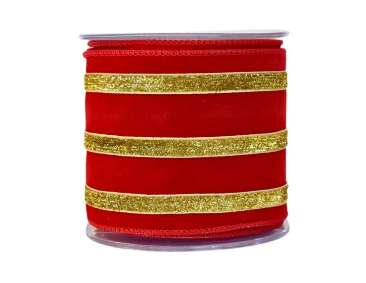 Ruban rouge velours rayures dorées pailletées 4,5M