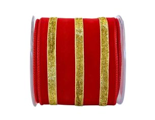 Ruban rouge velours rayures dorées pailletées 4,5M