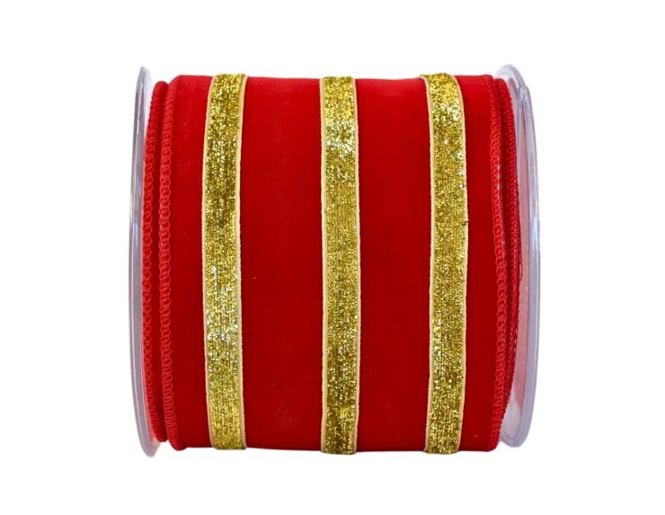 Ruban rouge velours rayures dorées pailletées 4,5M