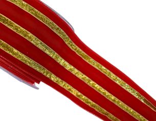 Ruban rouge velours rayures dorées pailletées 4,5M