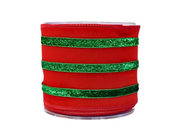 Ruban rouge velours rayures vertes pailletées 4,5M