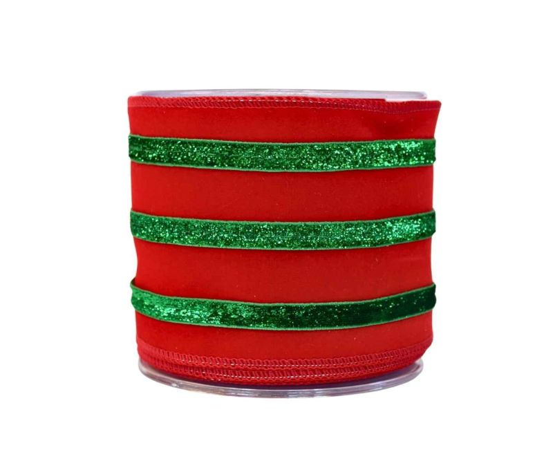 Ruban rouge velours rayures vertes pailletées 4,5M