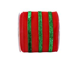Ruban rouge velours rayures vertes pailletées 4,5M