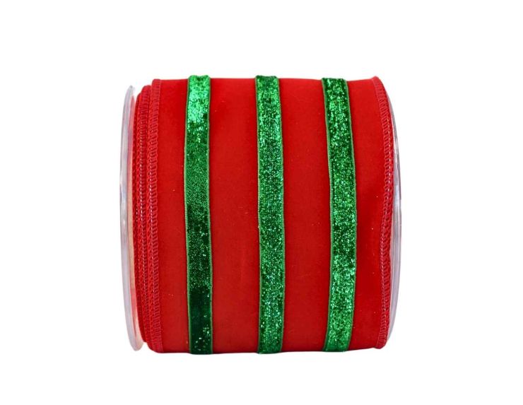 Ruban rouge velours rayures vertes pailletées 4,5M