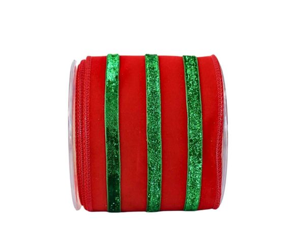 Ruban rouge velours rayures vertes pailletées 4,5M