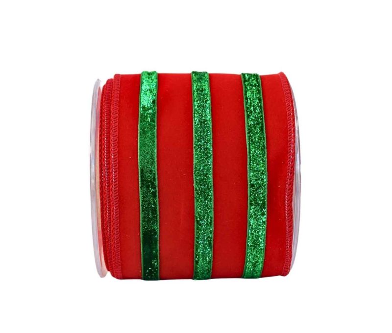 Ruban rouge velours rayures vertes pailletées 4,5M