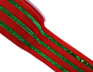 Ruban rouge velours rayures vertes pailletées 4,5M