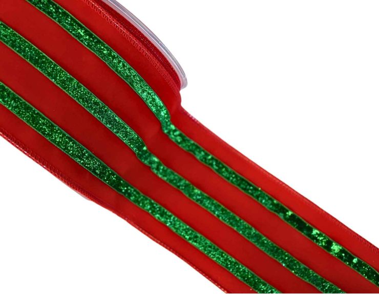Ruban rouge velours rayures vertes pailletées 4,5M