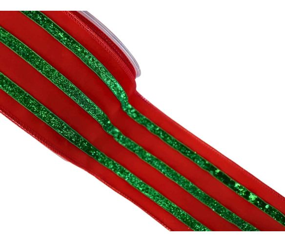 Ruban rouge velours rayures vertes pailletées 4,5M