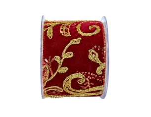 Ruban de Noël bordeaux brodé doré H 10cm x 4,5m