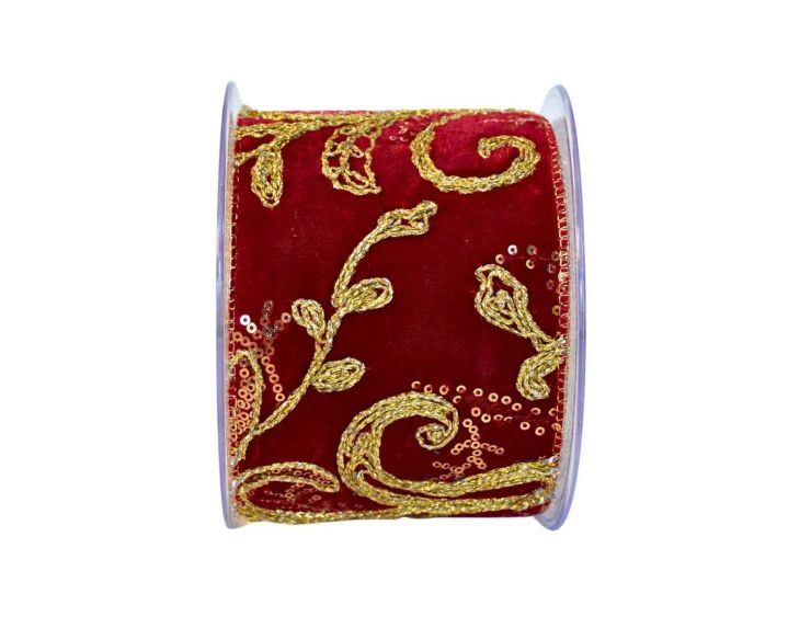 Ruban de Noël bordeaux brodé doré H 10cm x 4,5m