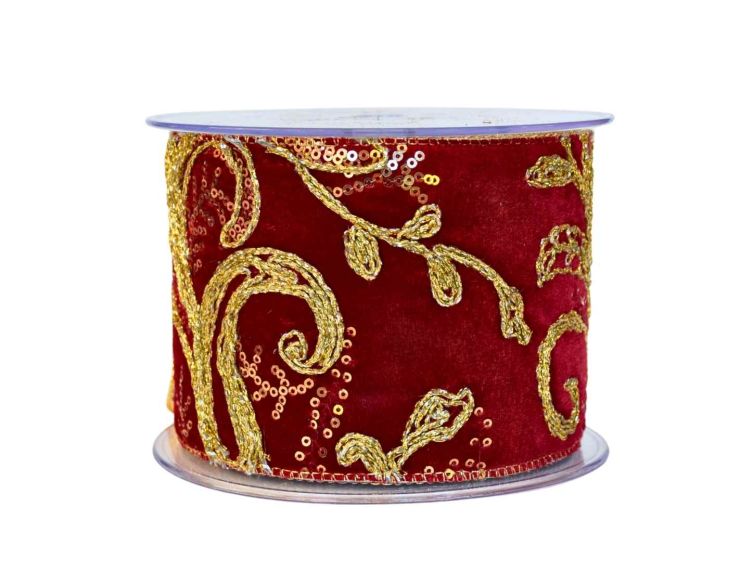Ruban de Noël bordeaux brodé doré H 10cm x 4,5m