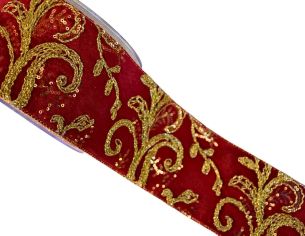 Ruban de Noël bordeaux brodé doré H 10cm x 4,5m