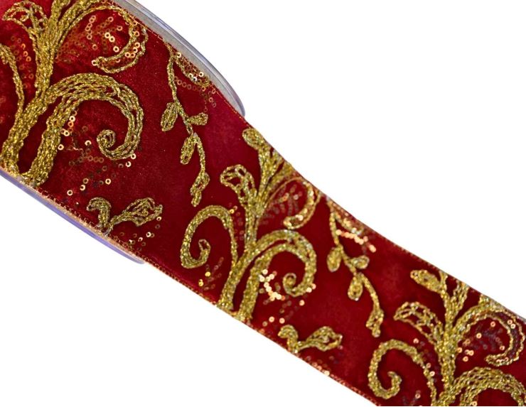 Ruban de Noël bordeaux brodé doré H 10cm x 4,5m