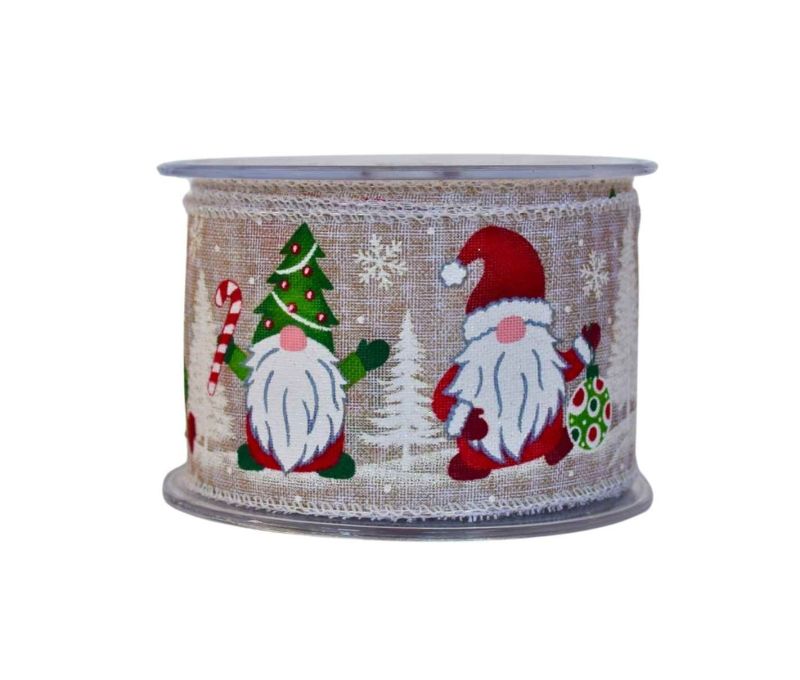 Ruban de Noël lutins rouge vert blanc fond lin sapins flocons largeur 7cm 9m
