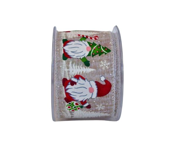 Ruban de Noël lutins rouge vert blanc fond lin sapins flocons largeur 7cm 9m