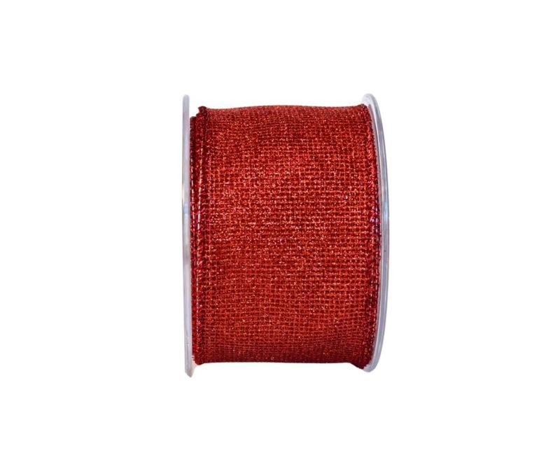 Ruban rouge maillé avec paillettes et effet irisé. Largeur 7cm, longueur 9m. Bords renforcés avec du fil métallique.