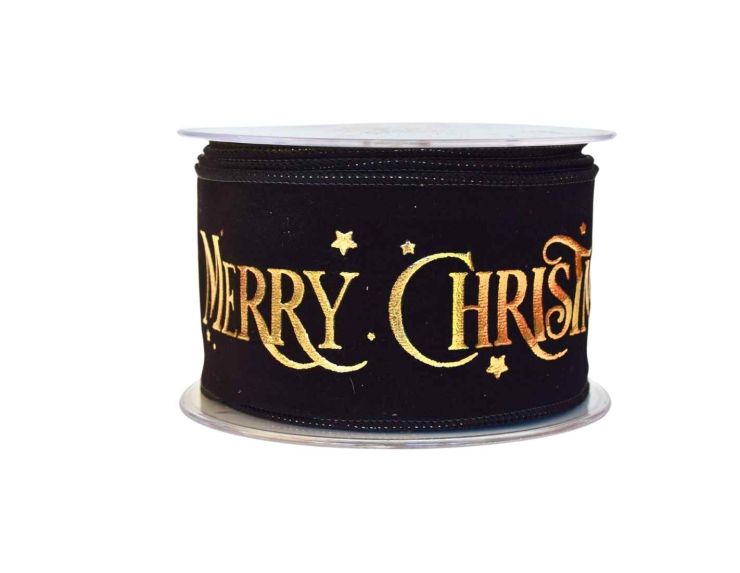 Ruban velours noir Merry Christmas doré 8cm x 9m