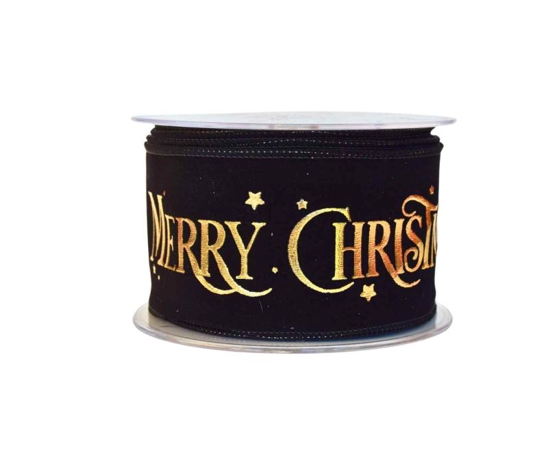 Ruban de Noël velours noir inscription Merry Christmas dorée étoiles largeur 8cm 9m