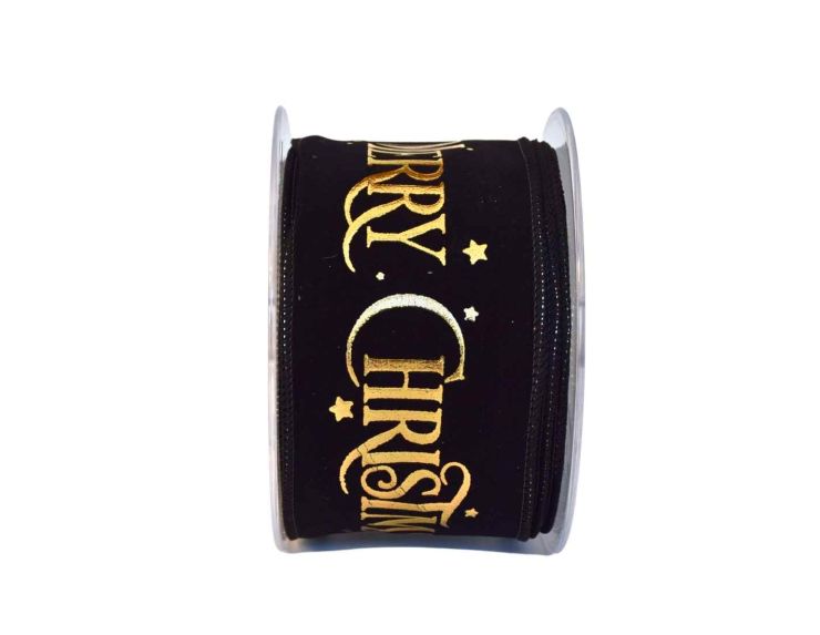 Ruban velours noir Merry Christmas doré 8cm x 9m