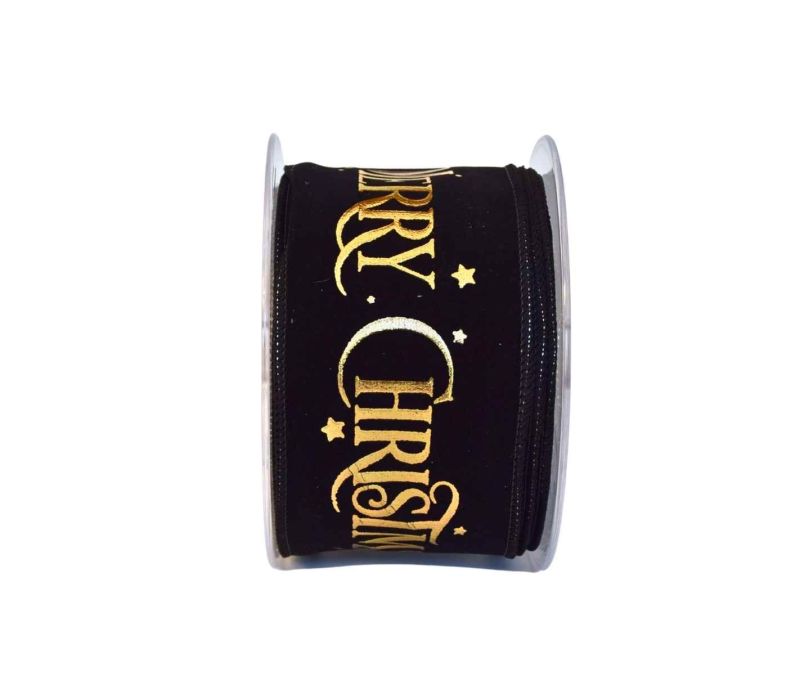 Ruban de Noël velours noir inscription Merry Christmas dorée étoiles largeur 8cm 9m