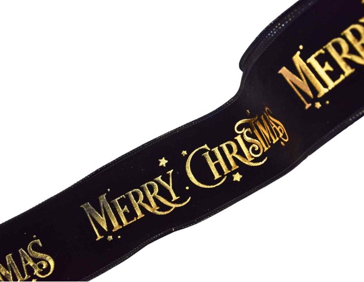 Ruban velours noir Merry Christmas doré 8cm x 9m