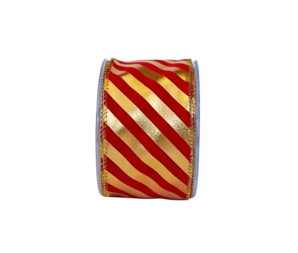 Ruban de Noël velours rouge rayures dorées diagonales sucre d'orge largeur 7cm 9m