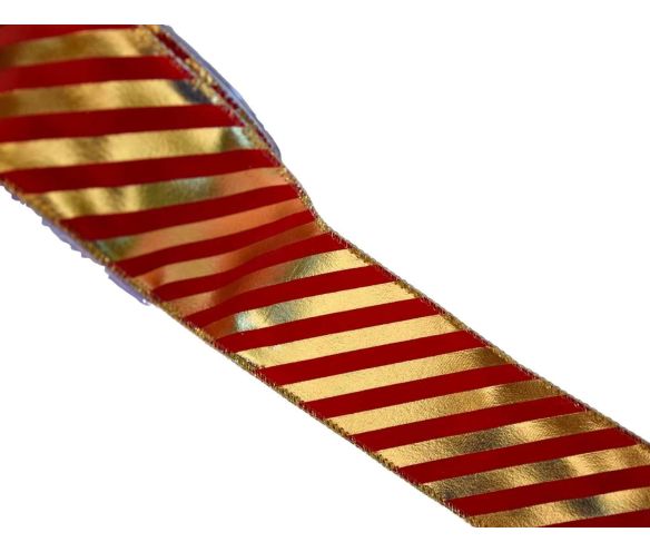 Ruban de Noël velours rouge rayures dorées diagonales sucre d'orge largeur 7cm 9m