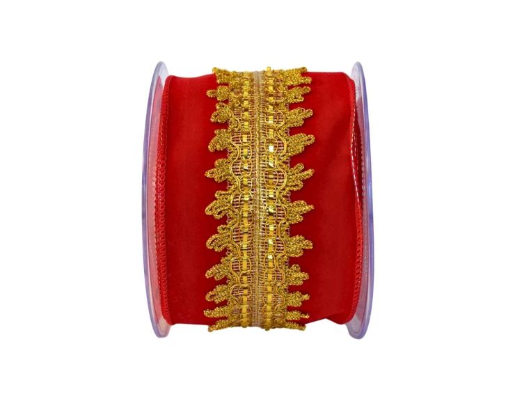 Ruban de Noël en velours rouge avec galon doré brodé. Largeur 10cm, longueur 4,5m. Bords métalliques pour un maintien parfait.