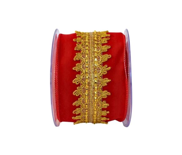 Ruban de Noël en velours rouge avec galon doré brodé. Largeur 10cm, longueur 4,5m. Bords métalliques pour un maintien parfait.