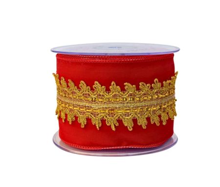 Ruban de Noël en velours rouge avec galon doré brodé. Largeur 10cm, longueur 4,5m. Bords métalliques pour un maintien parfait.