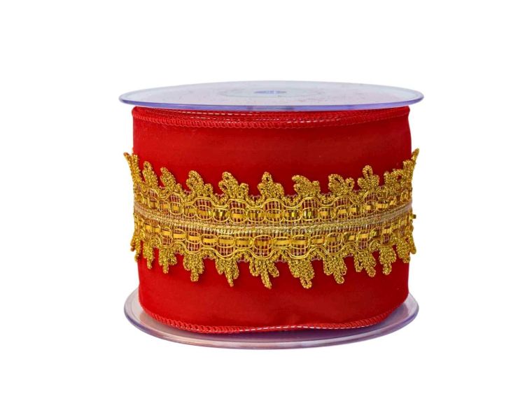 Ruban de Noël en velours rouge avec galon doré brodé. Largeur 10cm, longueur 4,5m. Bords métalliques pour un maintien parfait.