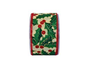 Ruban de Noël motif houx H 7cm x 9m