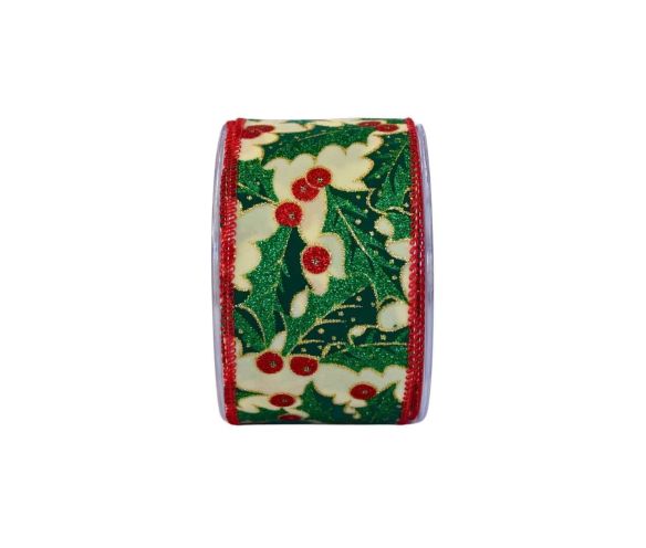 Ruban de Noël motif houx H 7cm x 9m