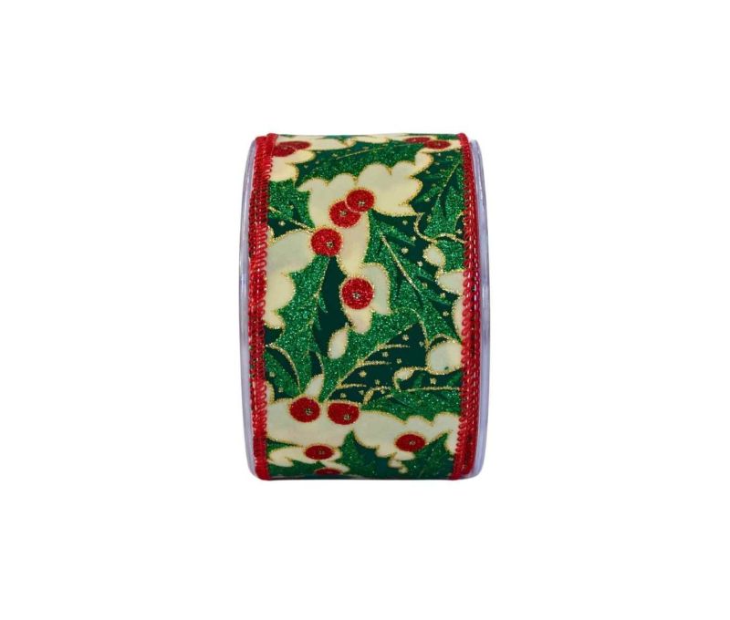 Ruban de Noël fond vert feuilles houx crème pailletées baies rouges bords rouges largeur 7cm 9m