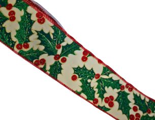 Ruban de Noël motif houx H 7cm x 9m