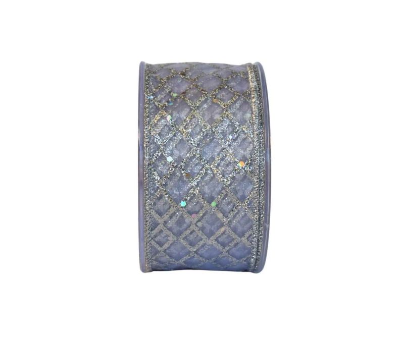 Ruban de Noël argenté décoré de strass brillants. Largeur 6cm, longueur 9m. Parfait pour une déco lumineuse et élégante.