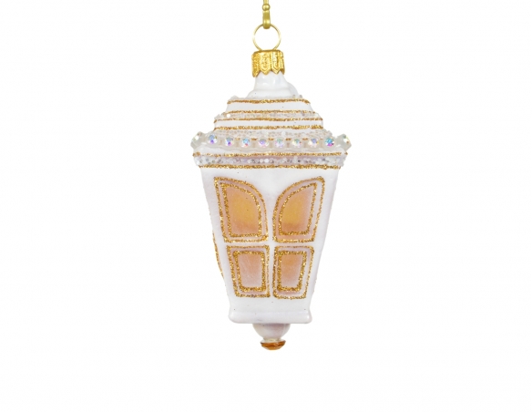 Figurine lanterne dorée et blanche pour sapin de Noël en verre soufflé et décoré à la main. Hauteur de la boule de Noël 10cm