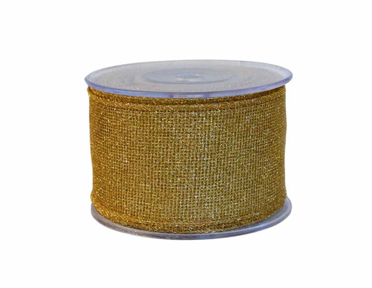 Ruban doré maillé avec paillettes scintillantes. Largeur 7cm, longueur 9m. Bords renforcés avec du fil métallique.