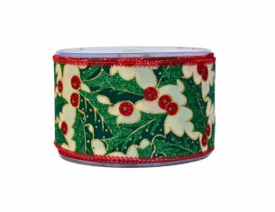 Ruban de Noël motif houx H 7cm x 9m
