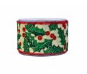 Voir la slide Ruban de Noël fond vert feuilles houx crème pailletées baies rouges bords rouges largeur 7cm 9m