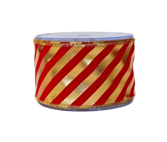 Ruban de Noël velours rouge rayures dorées diagonales sucre d'orge largeur 7cm 9m