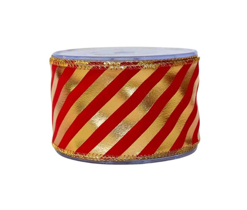 Ruban de Noël velours rouge rayures dorées diagonales sucre d'orge largeur 7cm 9m