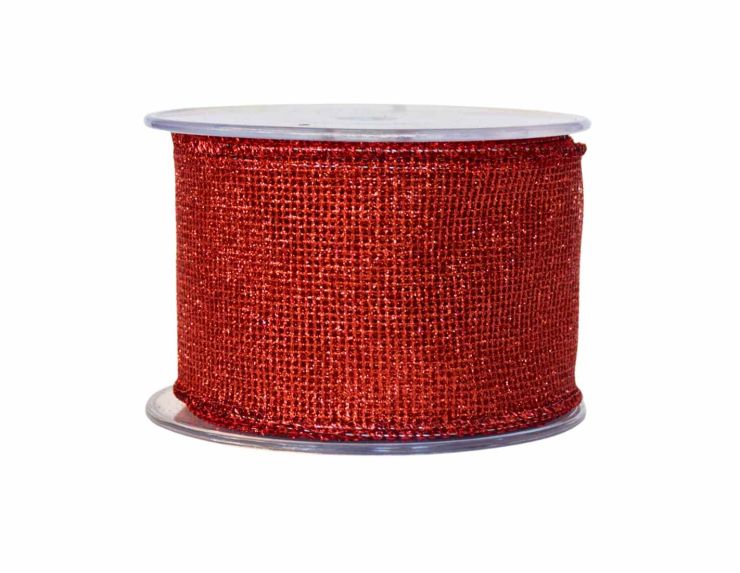 Ruban rouge maillé avec paillettes et effet irisé. Largeur 7cm, longueur 9m. Bords renforcés avec du fil métallique.